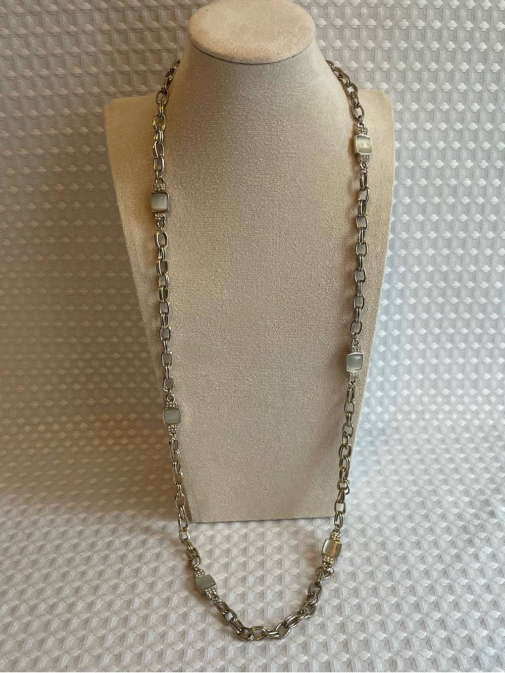 Charming Nygård Silver-Tone Long Station Chain Necklace with Faux Moonstone